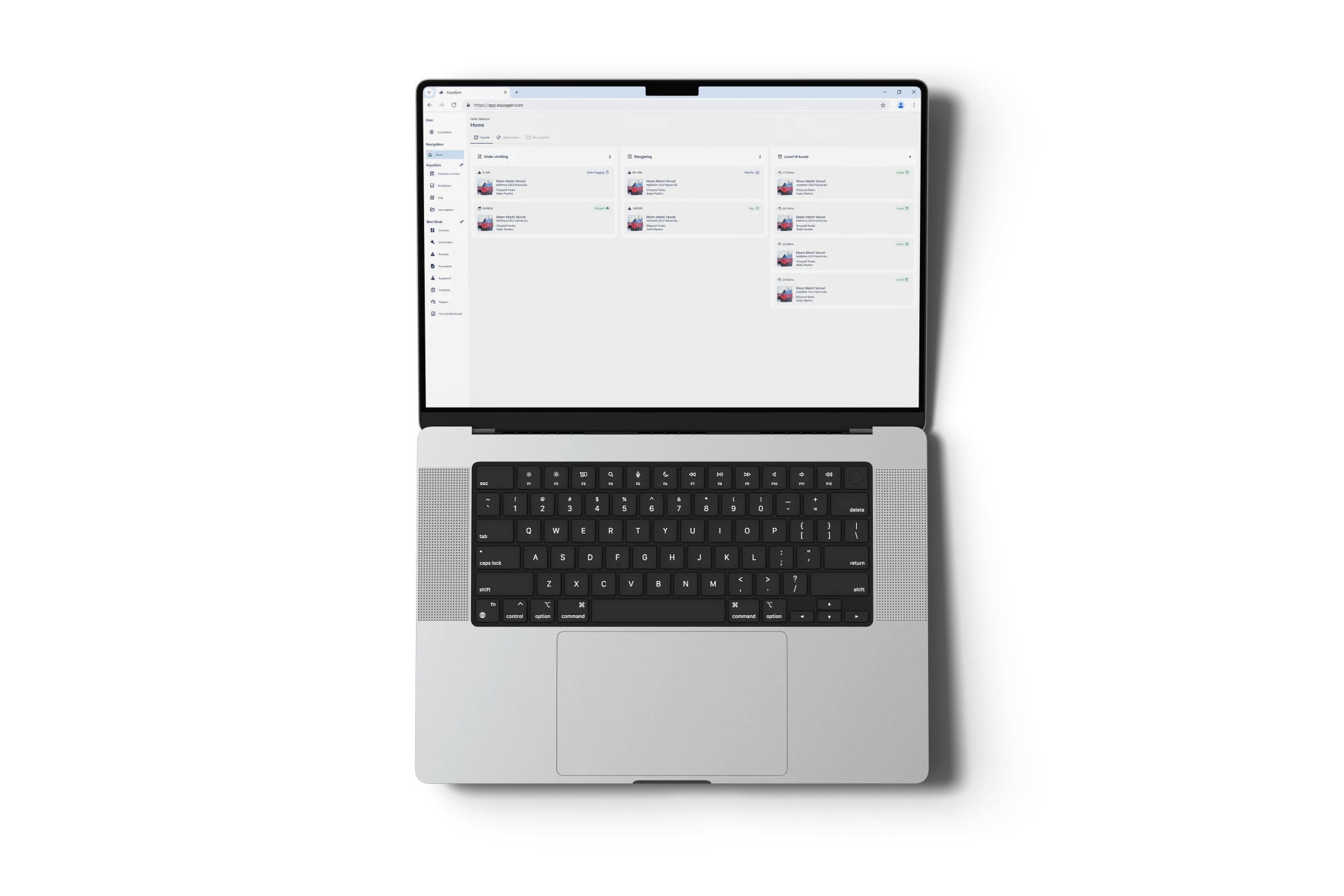 The new desktop home page on a laptop, with the boats sorted into columns by state, from in development to delivered