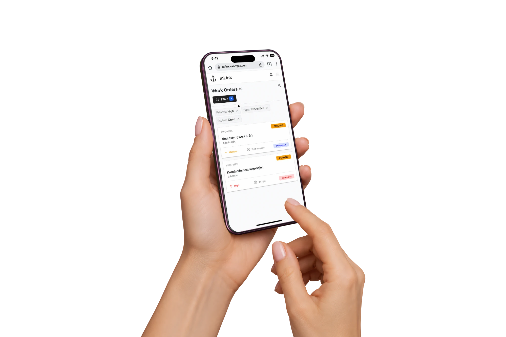 The mLink work order list on a phone